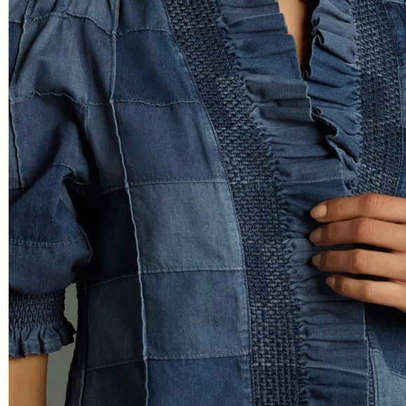 Denim Patchwork blouse with ruffle detail, poet puff-sleeves and high-neck. - Picture 3 of 7